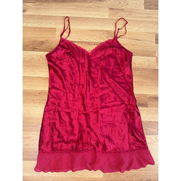 Vintage Y2K Victorias Secret 100% Silk Red Mini Slip Dress Lace Chiffon M - Picture 9 of 9